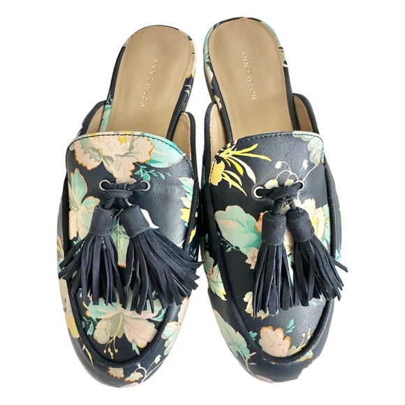 Ann Taylor Floral Leather Loafers Double Tassel Mules Low Heel Slides Size 5 - Picture 3 of 10